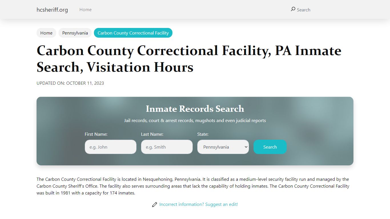Carbon County Correctional Facility, PA Inmate Search, Visitation Hours