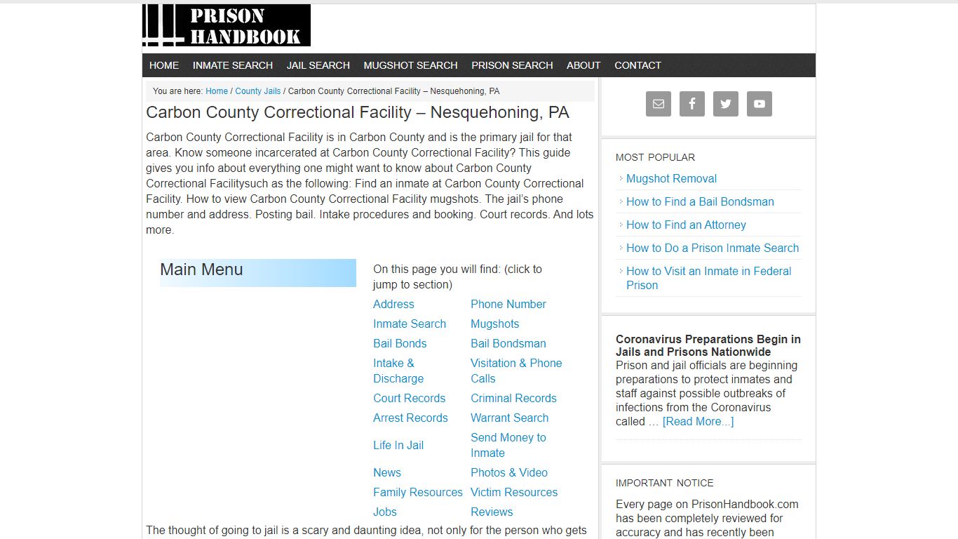 Carbon County Correctional Facility – Nesquehoning, PA - Prison Handbook